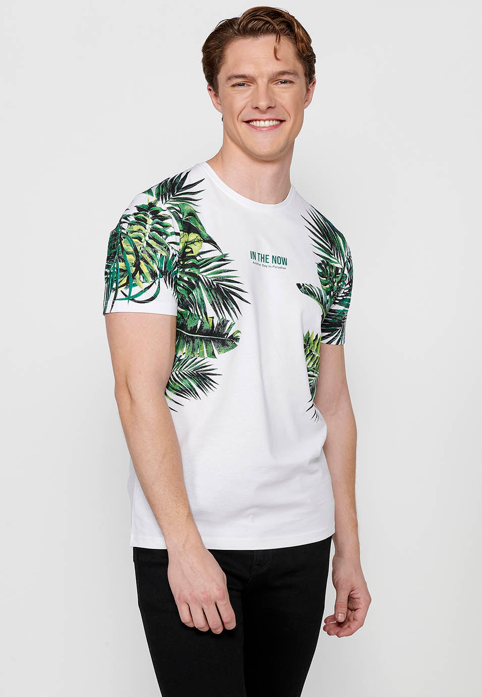 Camiseta Hombre Manga Corta Estampado Tropical – Koroshi Blanco