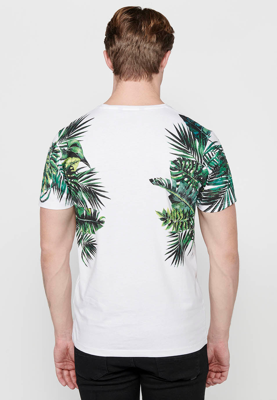 Camiseta Hombre Manga Corta Estampado Tropical – Koroshi Blanco