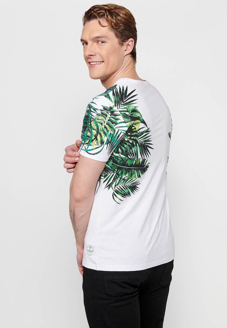 Camiseta Hombre Manga Corta Estampado Tropical – Koroshi Blanco