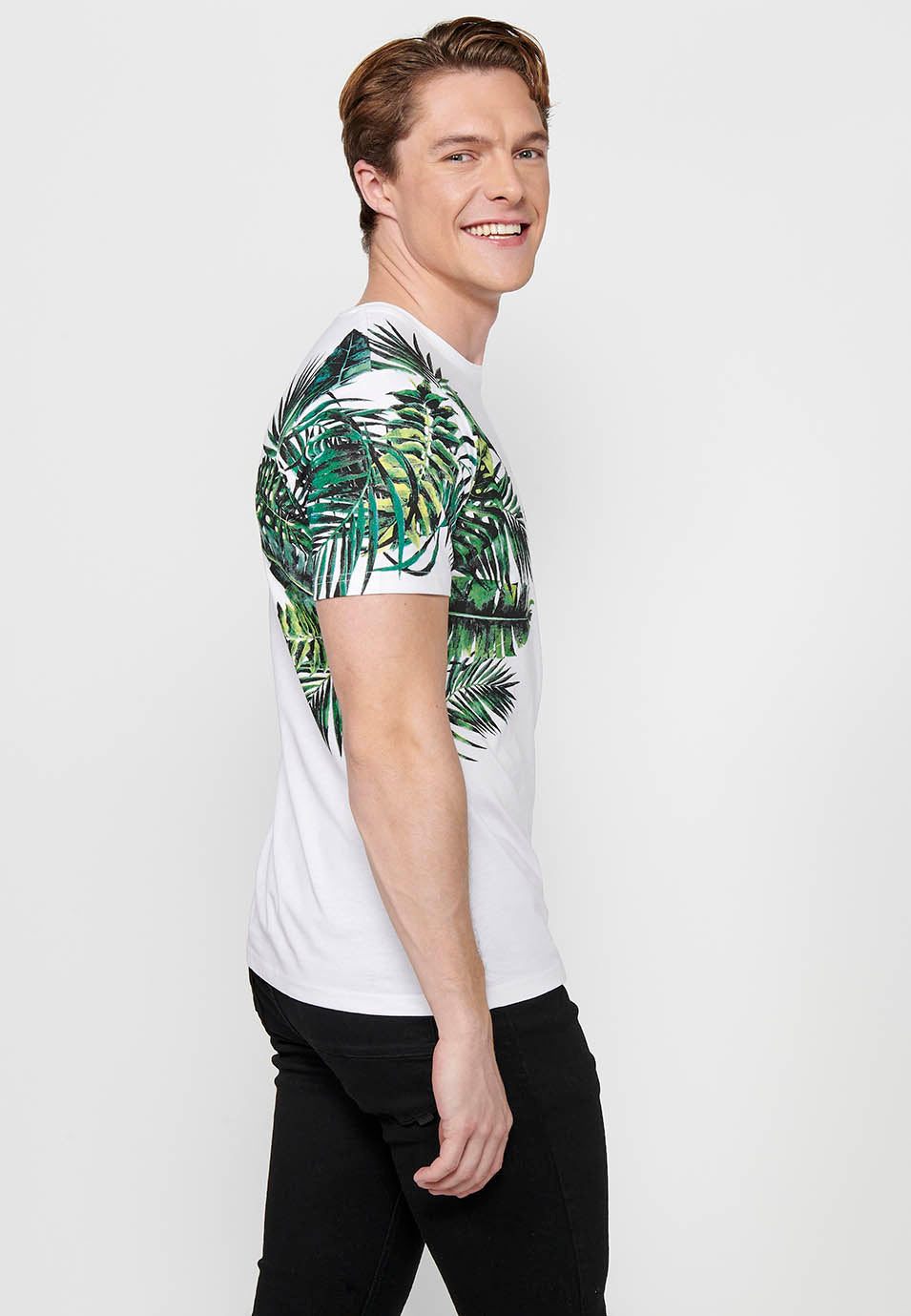 Camiseta Hombre Manga Corta Estampado Tropical – Koroshi Blanco
