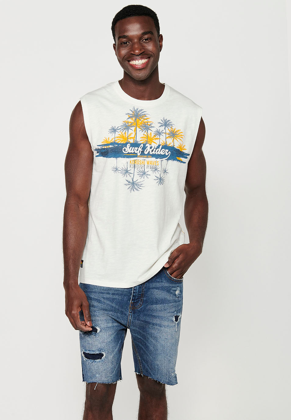 Camiseta Hombre Sin Mangas Boxing con Estampado Surf de Algodón – Koroshi Crudo