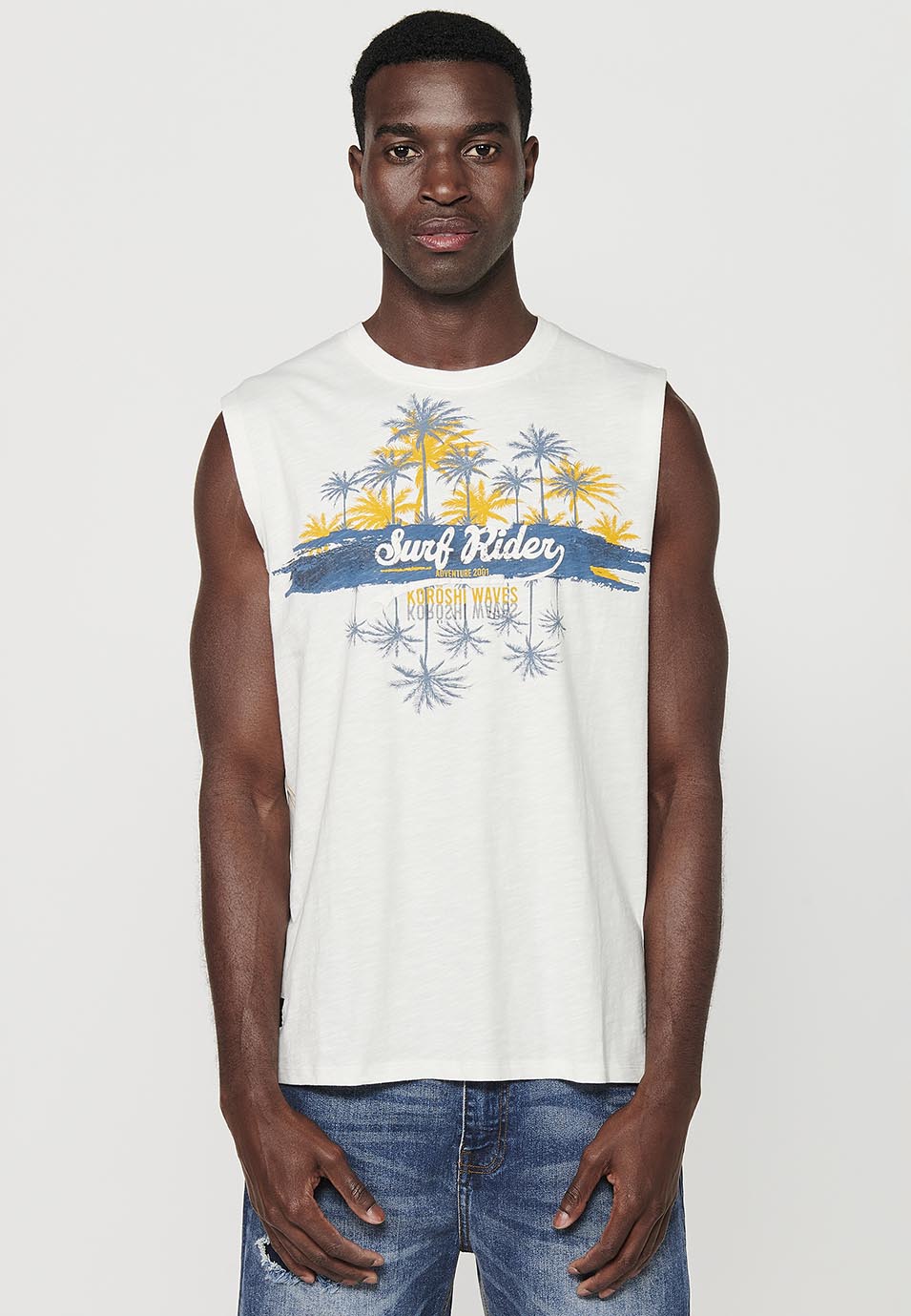 Camiseta Hombre Sin Mangas Boxing con Estampado Surf de Algodón – Koroshi Crudo
