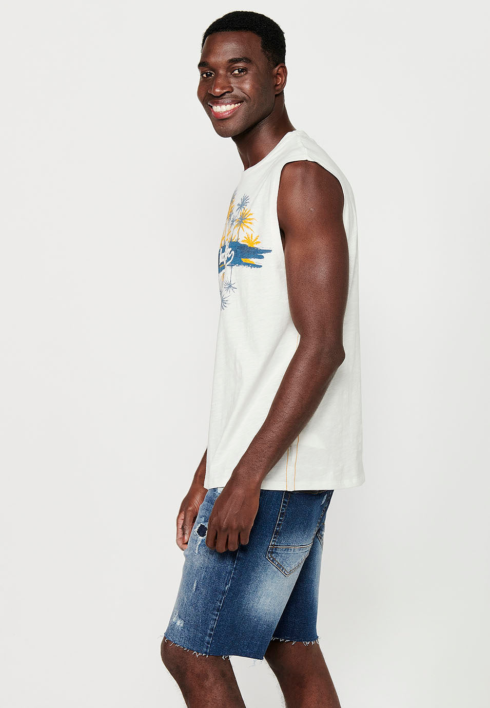 Camiseta Hombre Sin Mangas Boxing con Estampado Surf de Algodón – Koroshi Crudo