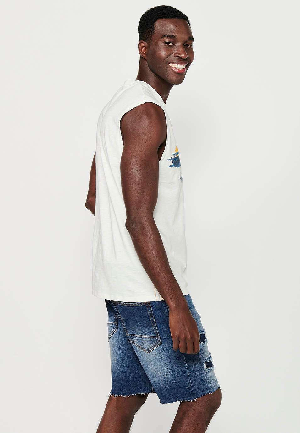 Camiseta Hombre Sin Mangas Boxing con Estampado Surf de Algodón – Koroshi Crudo