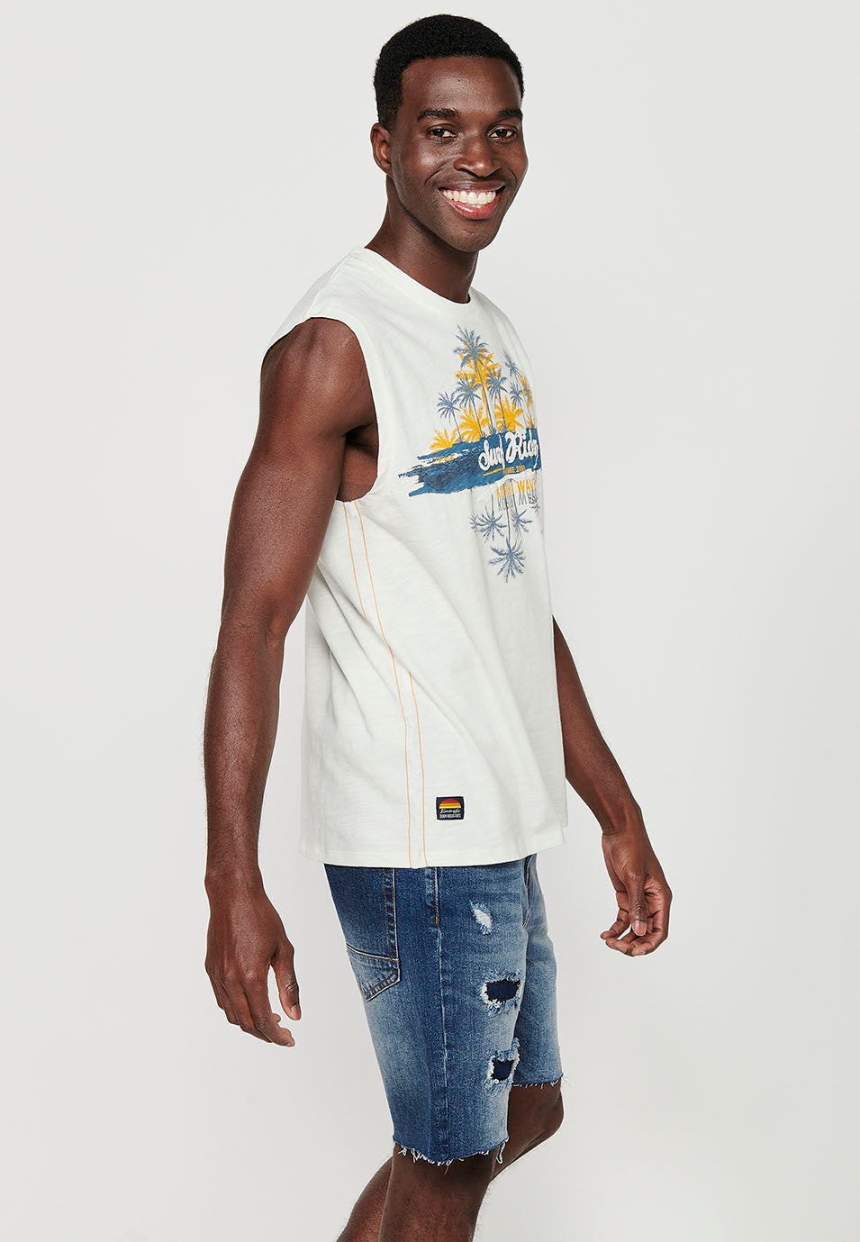 Camiseta Hombre Sin Mangas Boxing con Estampado Surf de Algodón – Koroshi Crudo