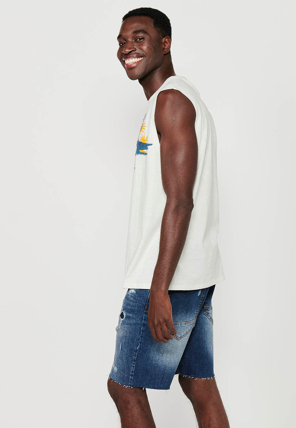 Camiseta Hombre Sin Mangas Boxing con Estampado Surf de Algodón – Koroshi Crudo