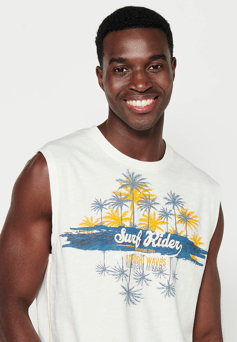 Camiseta Hombre Sin Mangas Boxing con Estampado Surf de Algodón – Koroshi Crudo