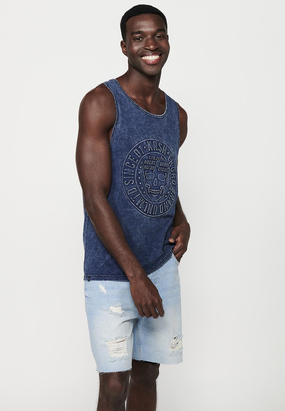 Camiseta Hombre Sin Mangas de Tirantes Efecto Desgastado de Algodón – Koroshi Índigo