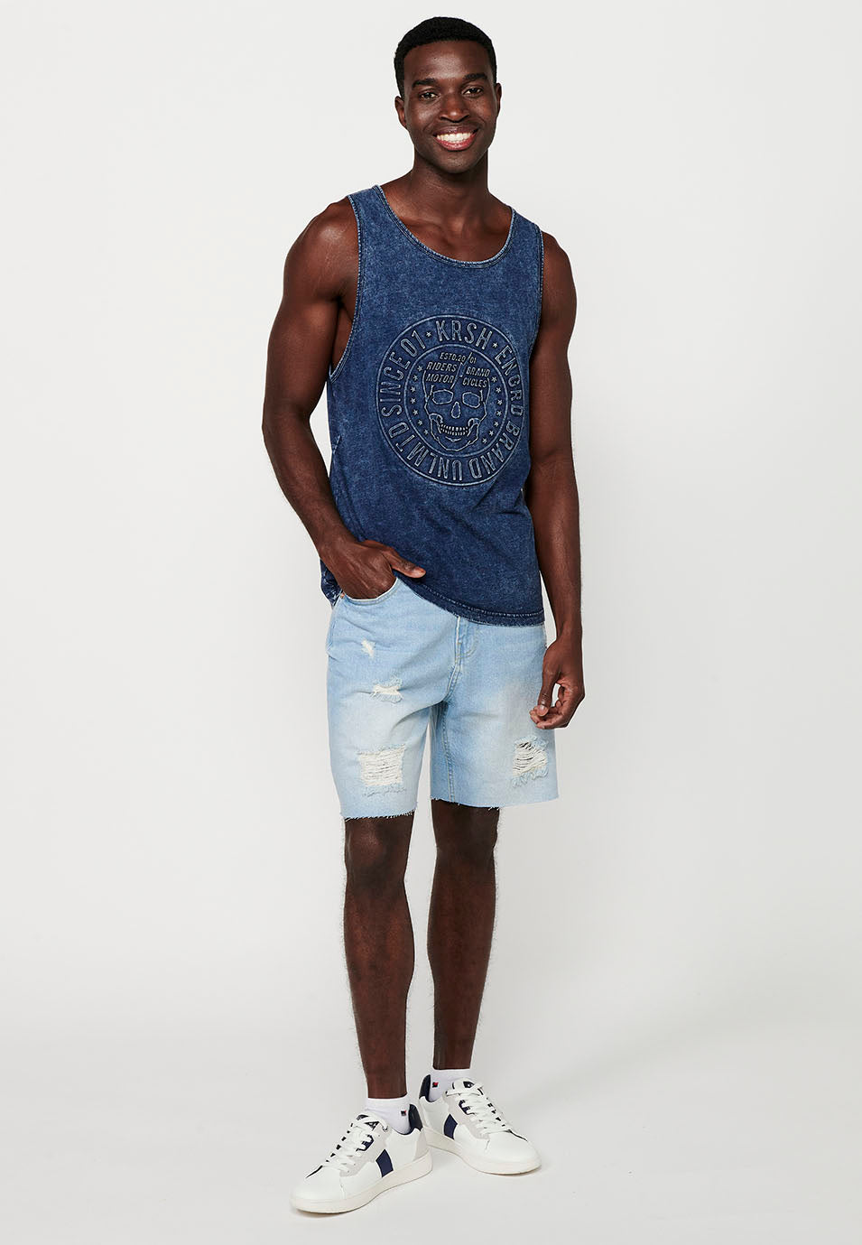 Camiseta Hombre Sin Mangas de Tirantes Efecto Desgastado de Algodón – Koroshi Índigo