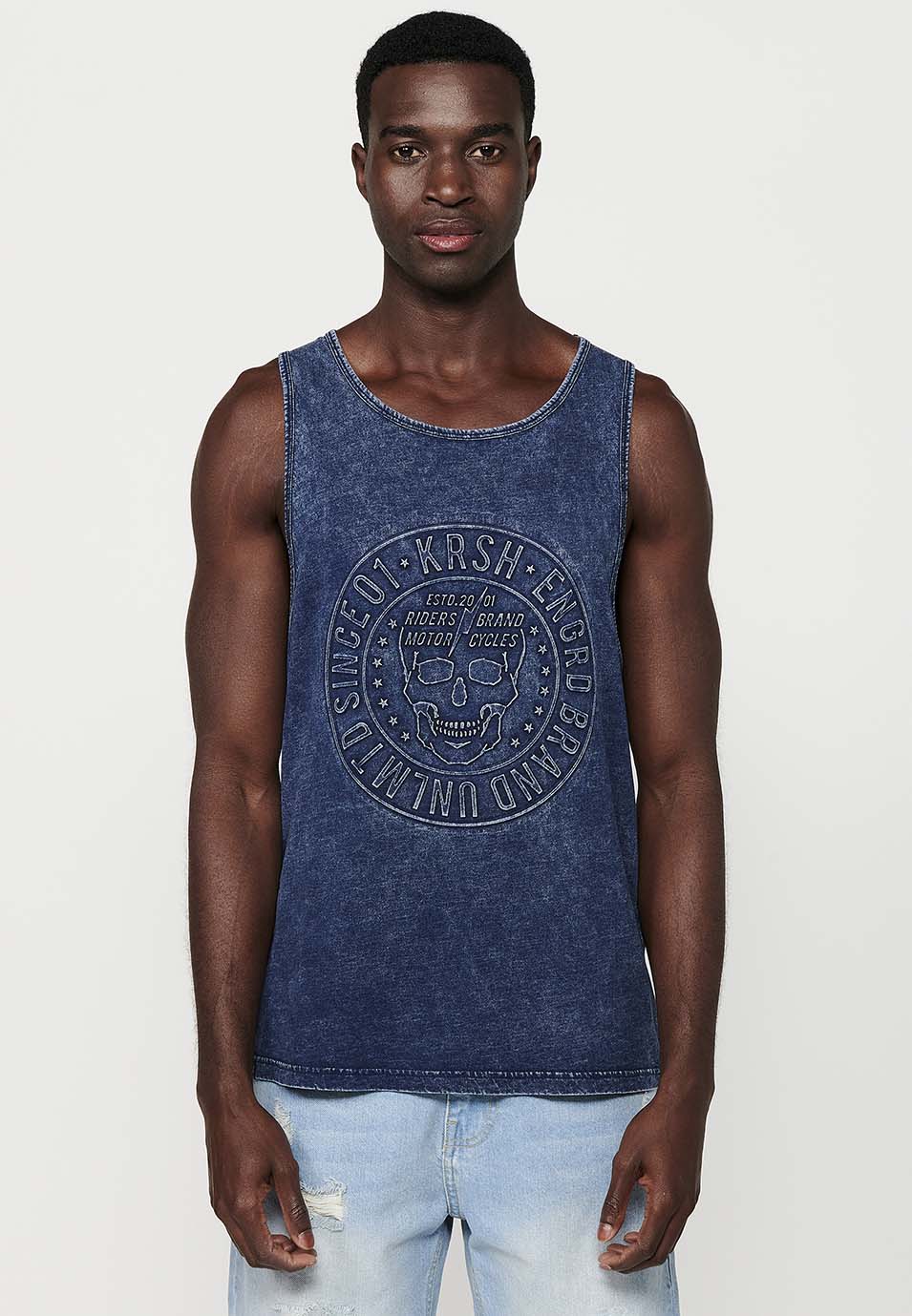 Camiseta Hombre Sin Mangas de Tirantes Efecto Desgastado de Algodón – Koroshi Índigo