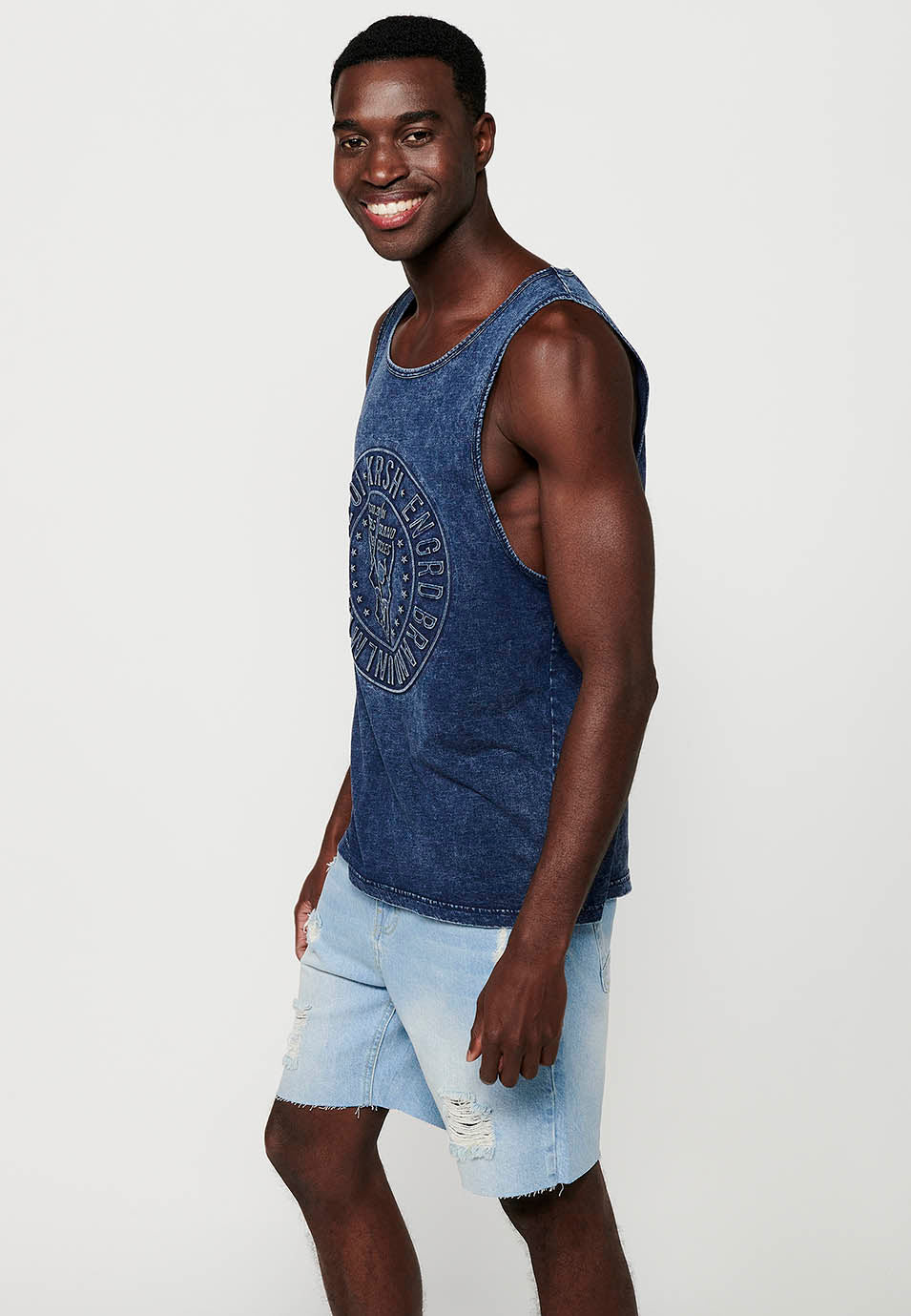 Camiseta Hombre Sin Mangas de Tirantes Efecto Desgastado de Algodón – Koroshi Índigo