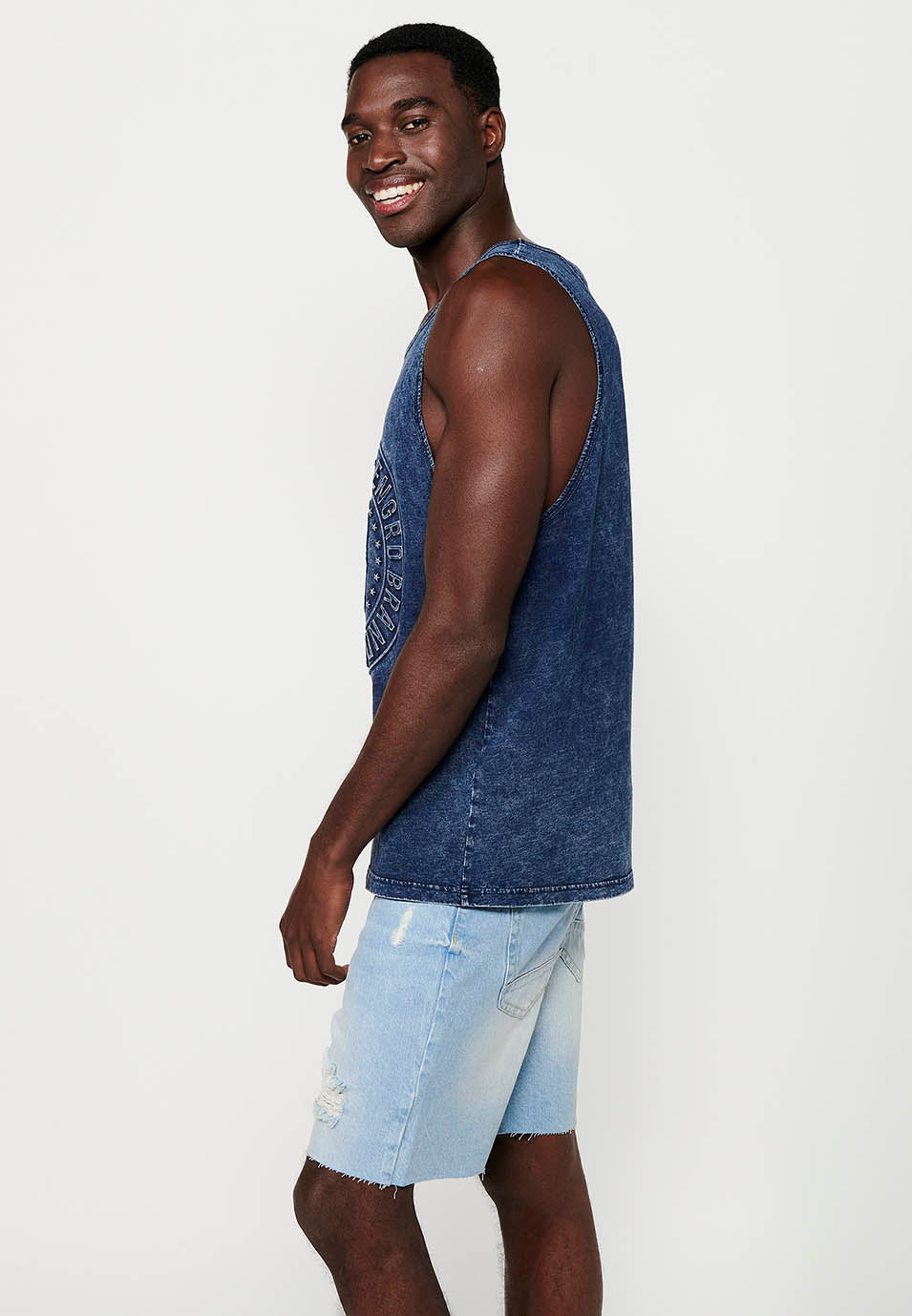 Camiseta Hombre Sin Mangas de Tirantes Efecto Desgastado de Algodón – Koroshi Índigo