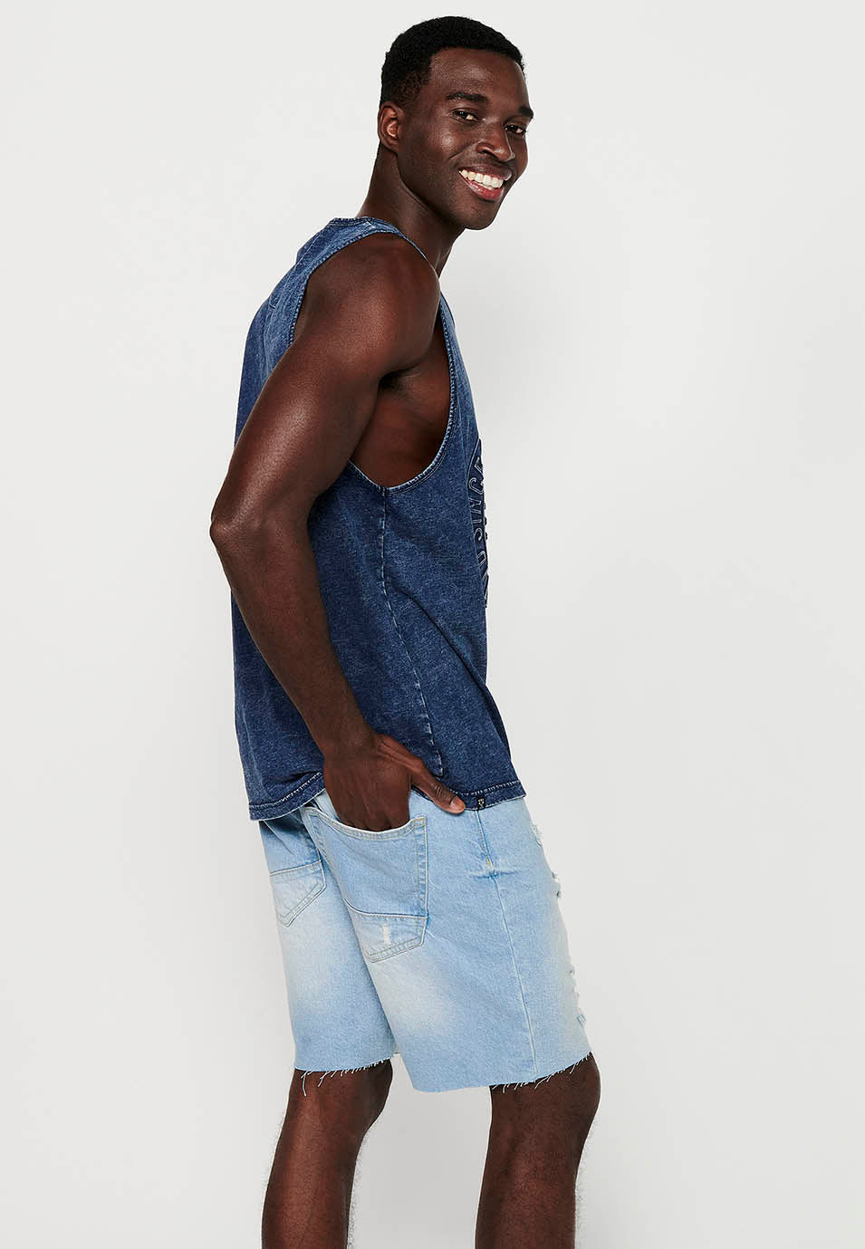 Camiseta Hombre Sin Mangas de Tirantes Efecto Desgastado de Algodón – Koroshi Índigo