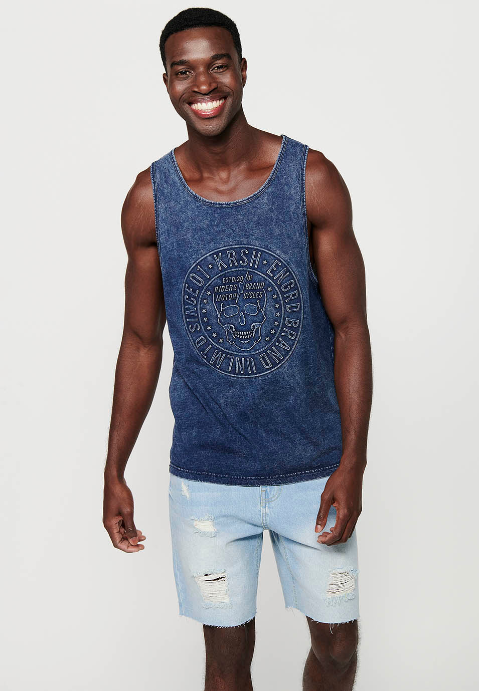 Camiseta Hombre Sin Mangas de Tirantes Efecto Desgastado de Algodón – Koroshi Índigo