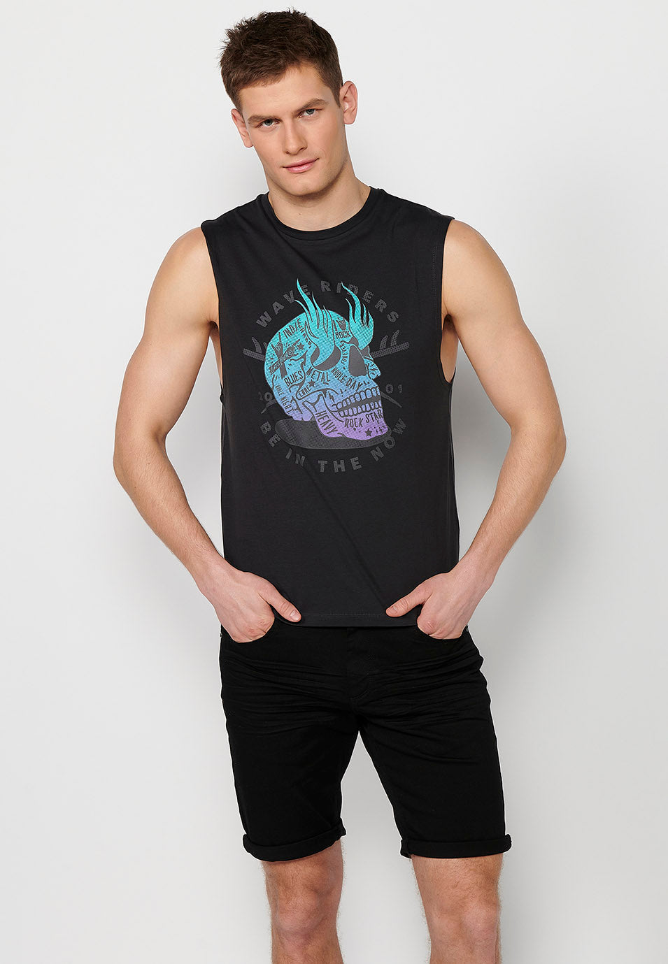 Camiseta Hombre Sin Mangas Boxing con Estampado Calavera de Algodón – Koroshi Antracita