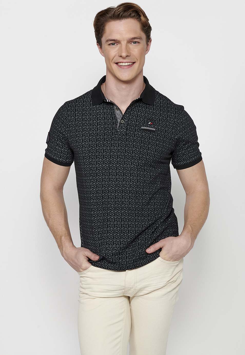 Polo Hombre Manga Corta Cuello Camisero con Estampado Geometrico – Koroshi Negro