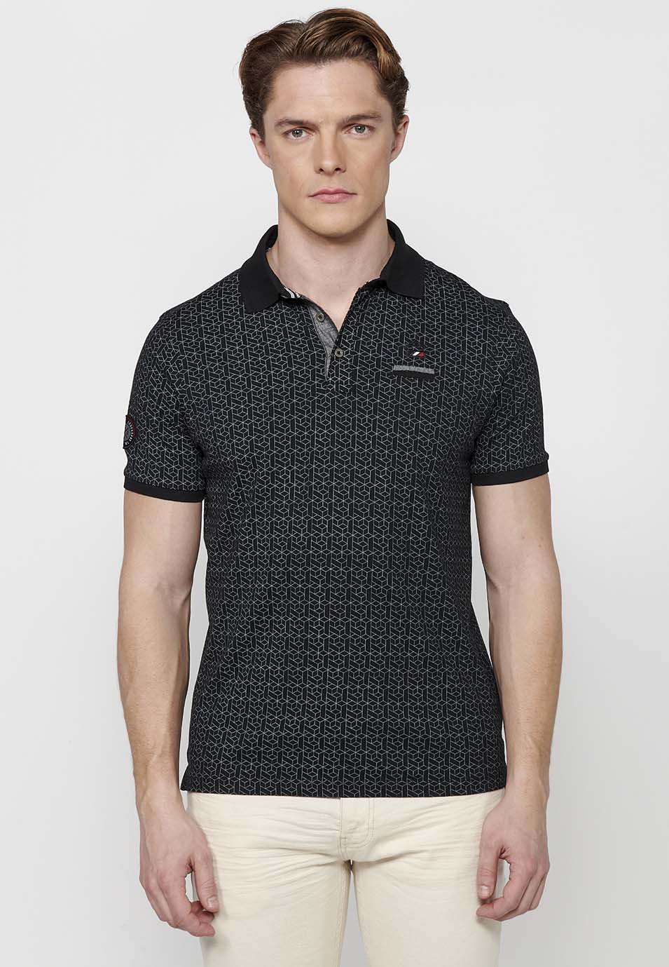 Polo Hombre Manga Corta Cuello Camisero con Estampado Geometrico – Koroshi Negro