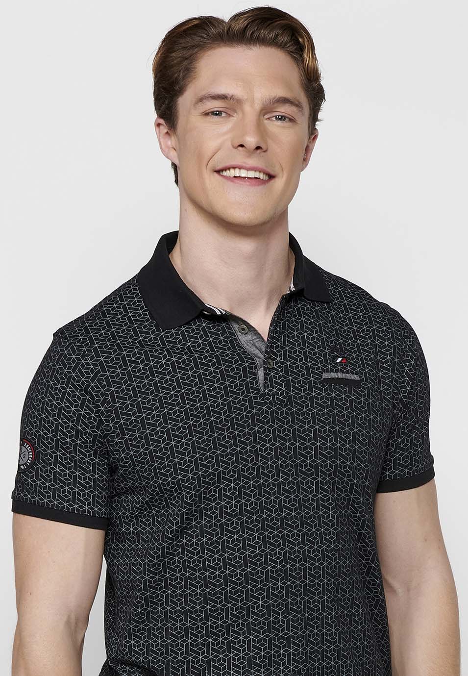 Polo Hombre Manga Corta Cuello Camisero con Estampado Geometrico – Koroshi Negro