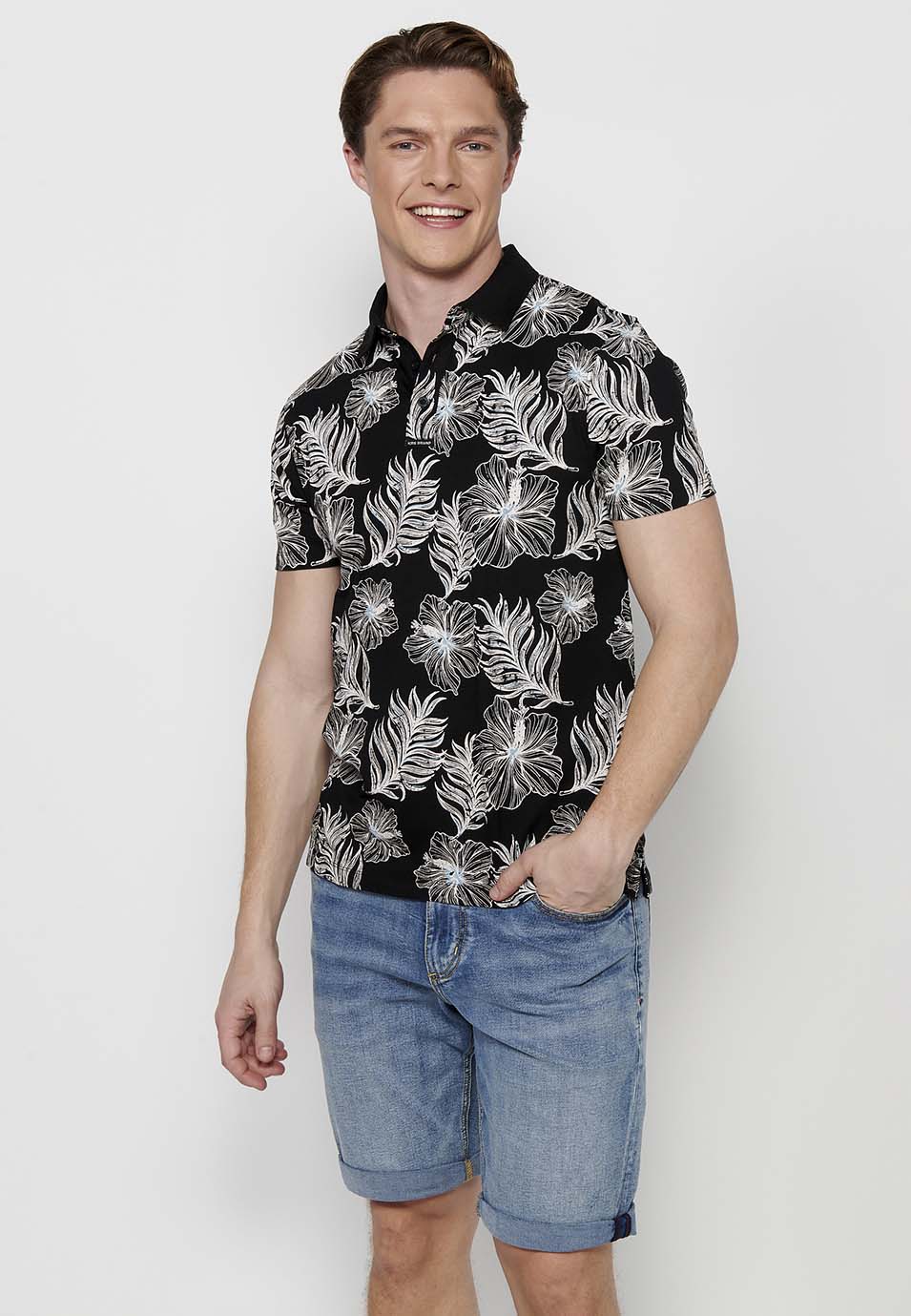 Polo Hombre Manga Corta Cuello Camisero con Estampado Tropical – Koroshi Negro