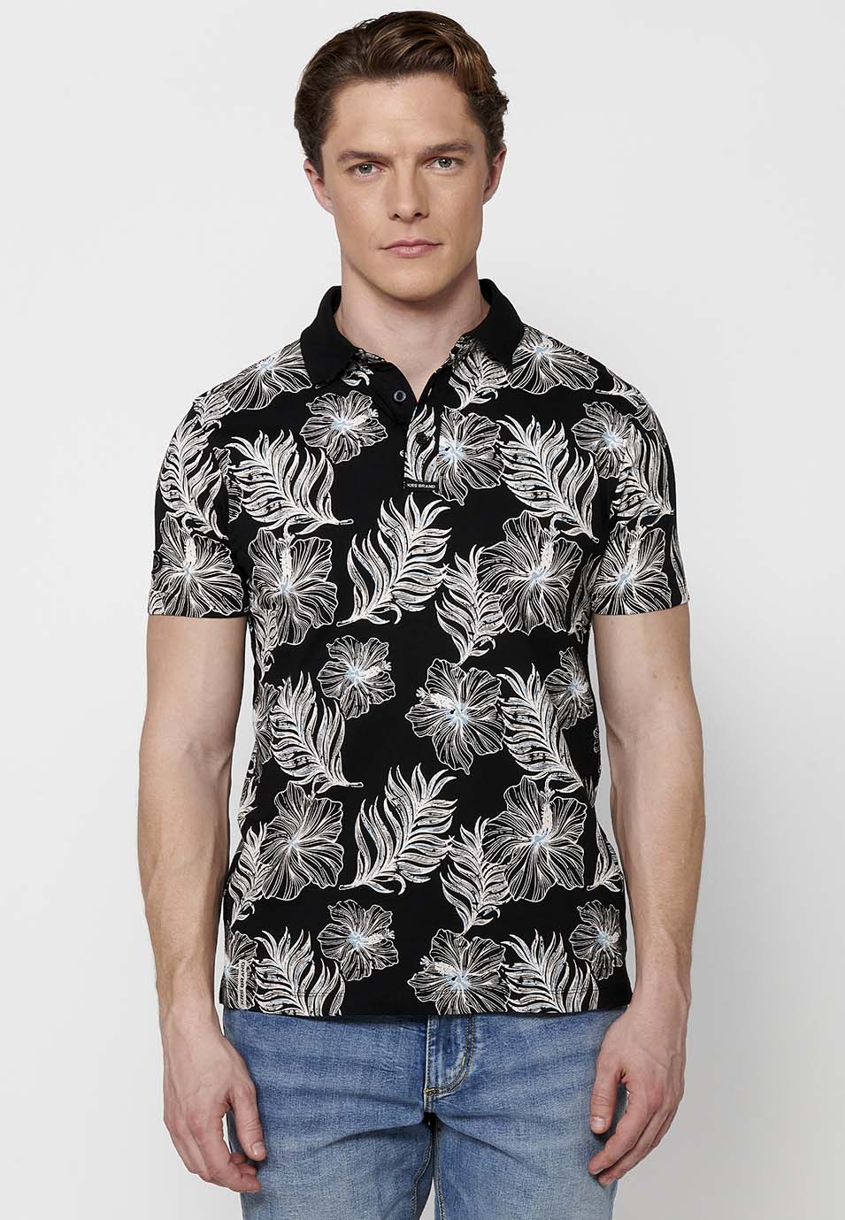 Polo Hombre Manga Corta Cuello Camisero con Estampado Tropical – Koroshi Negro
