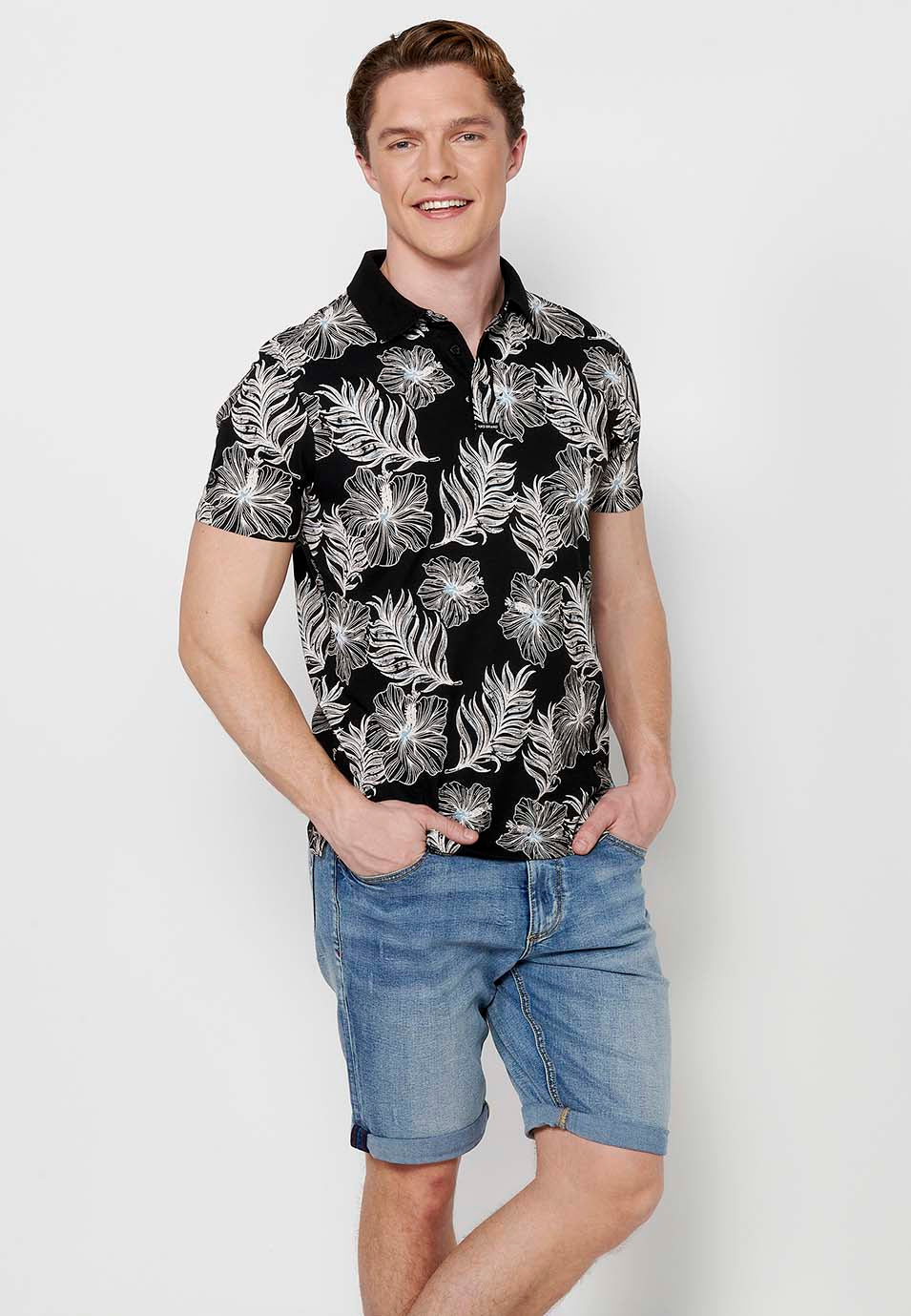 Polo Hombre Manga Corta Cuello Camisero con Estampado Tropical – Koroshi Negro