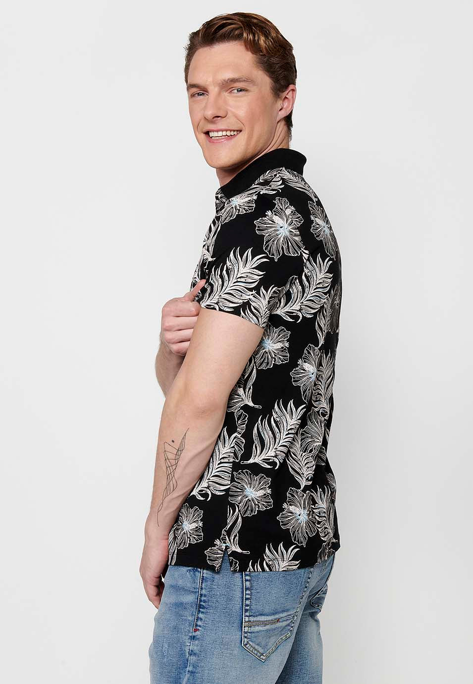 Polo Hombre Manga Corta Cuello Camisero con Estampado Tropical – Koroshi Negro