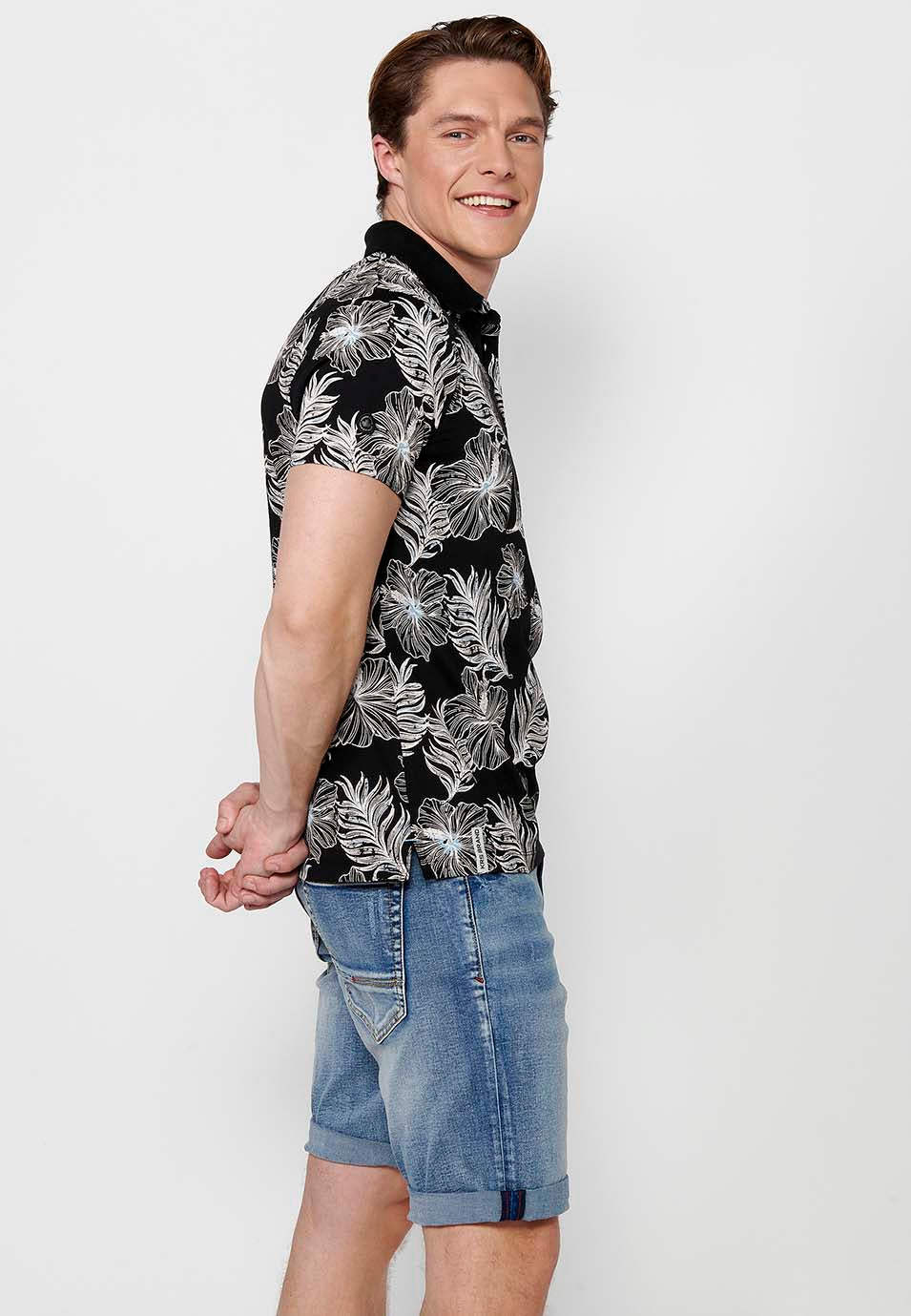 Polo Hombre Manga Corta Cuello Camisero con Estampado Tropical – Koroshi Negro