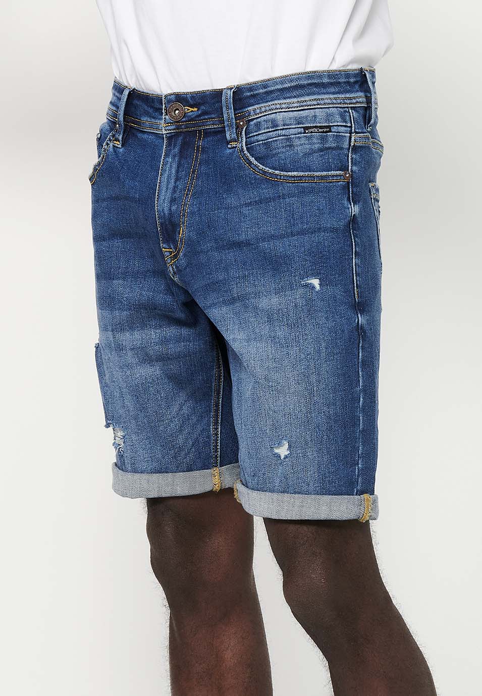 Bermuda Vaquera Hombre 5 Bolsillos Acabado en Vuelta – Koroshi Azul Medio