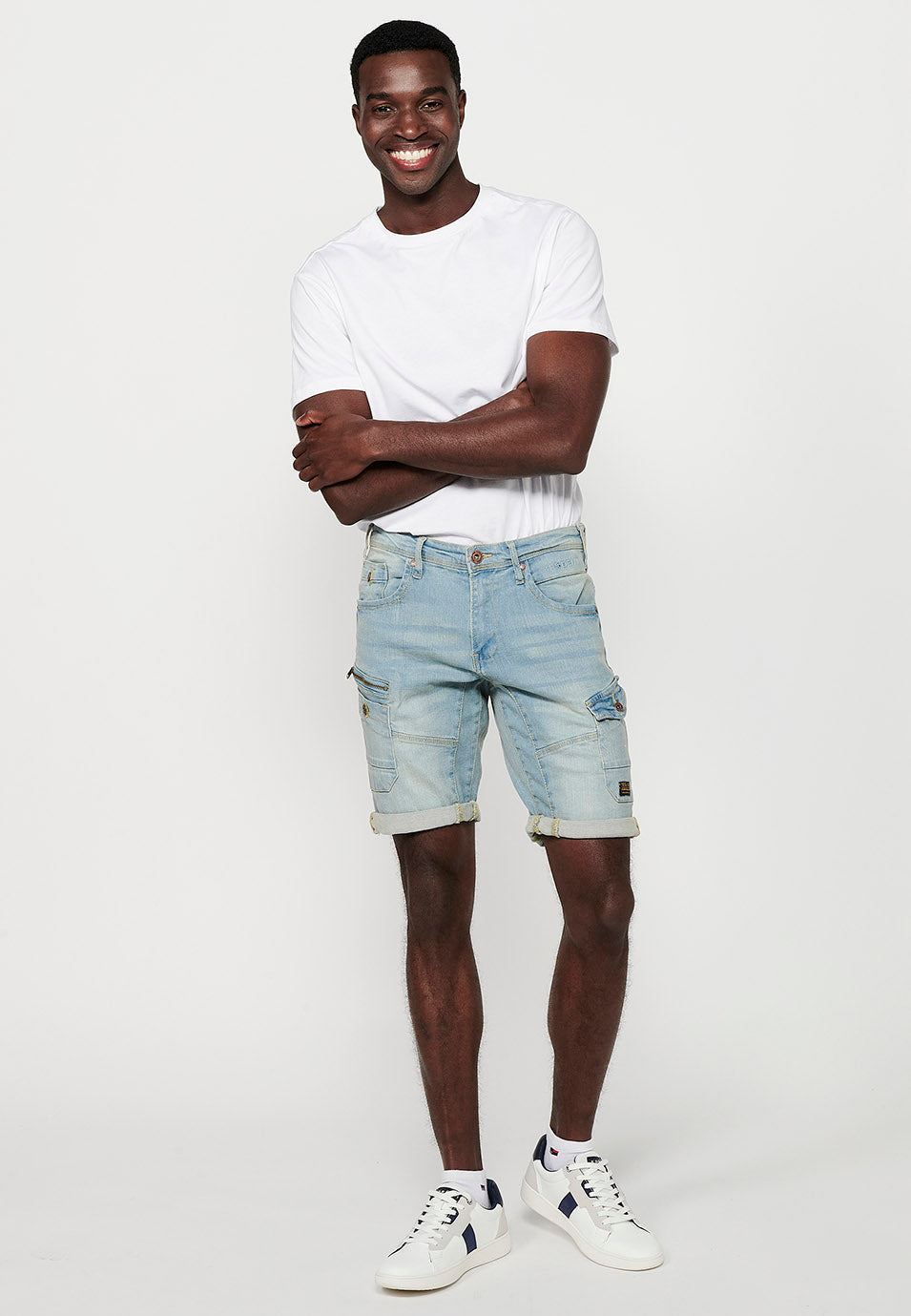 Bermuda Cargo Denim Hombre Efecto Lavado – Koroshi Azul Claro