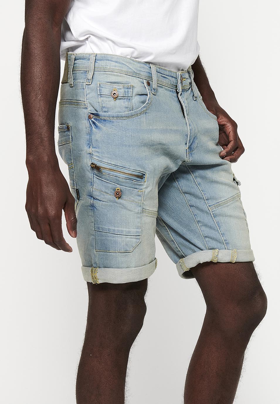 Bermuda Cargo Denim Hombre Efecto Lavado – Koroshi Azul Claro