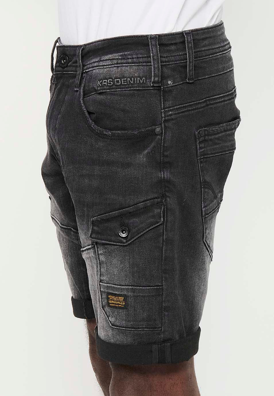 Bermuda Hombre Denim Cargo Cremalleras – Koroshi Black Denim