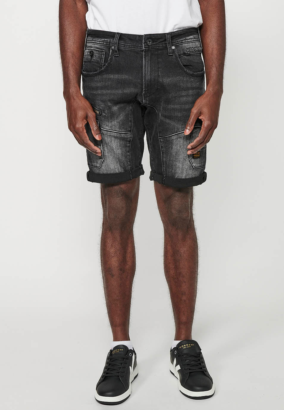 Bermuda Hombre Denim Cargo Cremalleras – Koroshi Black Denim