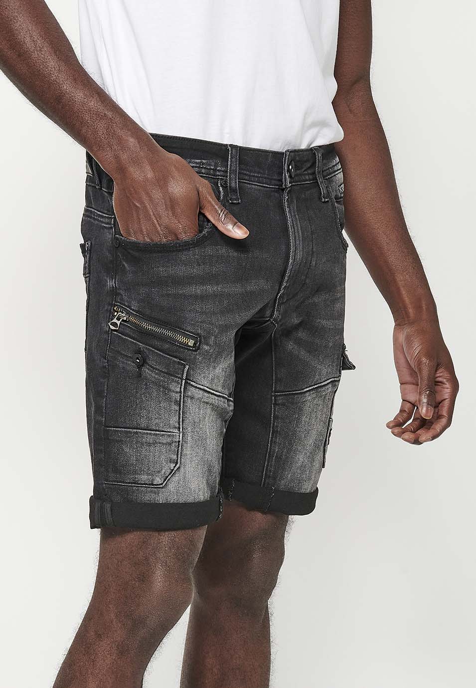 Bermuda Hombre Denim Cargo Cremalleras – Koroshi Black Denim
