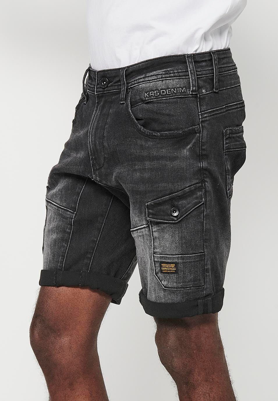 Bermuda Hombre Denim Cargo Cremalleras – Koroshi Black Denim
