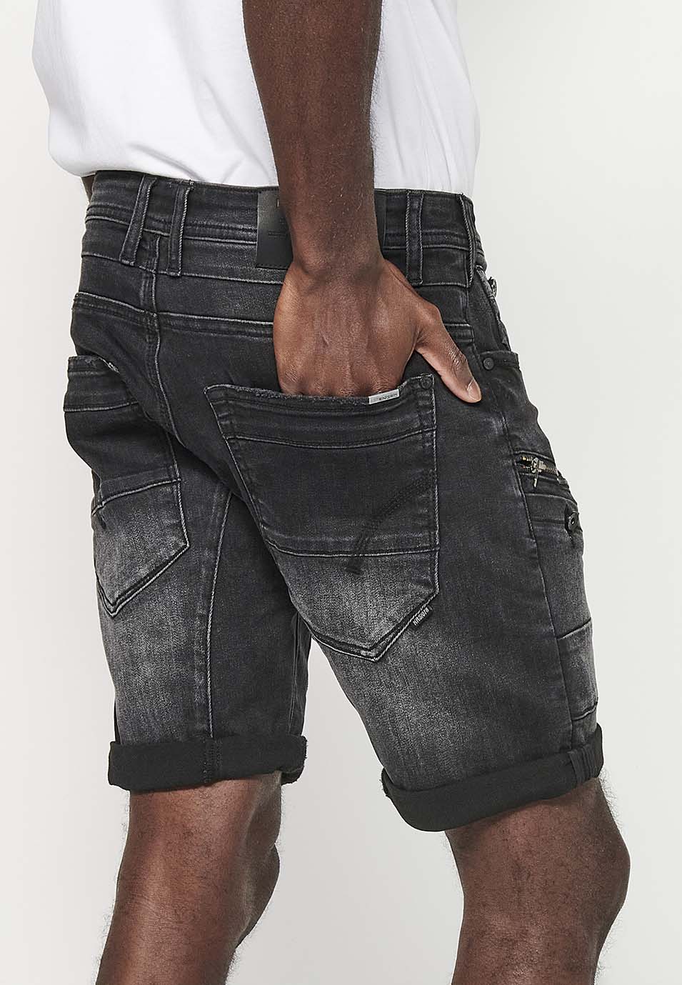 Bermuda Hombre Denim Cargo Cremalleras – Koroshi Black Denim