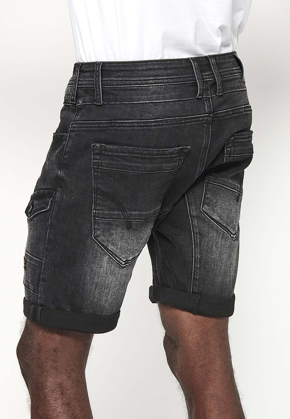 Bermuda Hombre Denim Cargo Cremalleras – Koroshi Black Denim