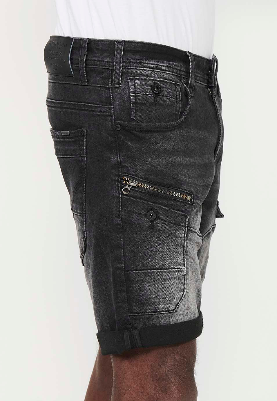 Bermuda Hombre Denim Cargo Cremalleras – Koroshi Black Denim