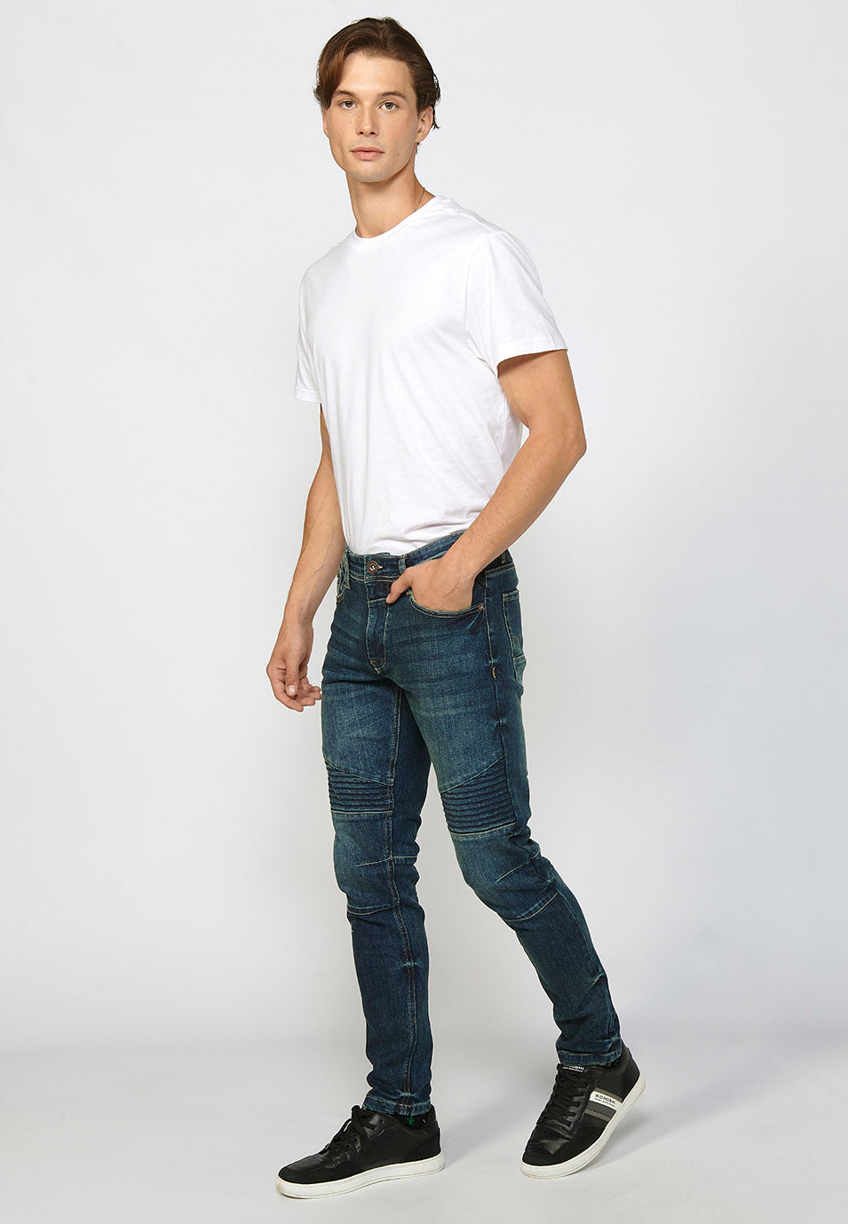 Pantalón Hombre Vaquero Biker Skinny Fit Detalles Rodillas – Koroshi Azul Medio