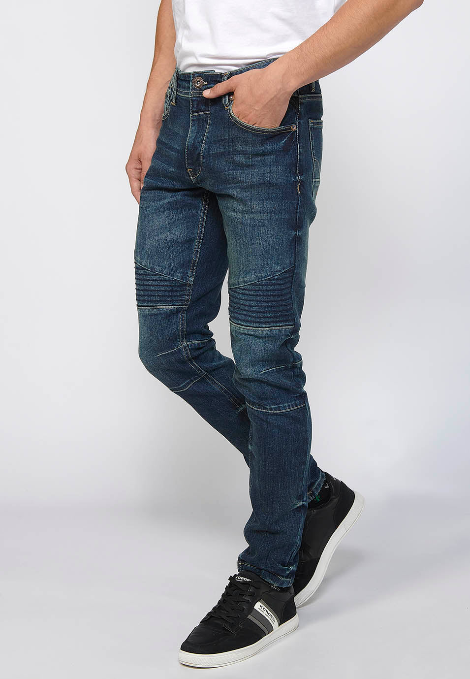 Pantalón Hombre Vaquero Biker Skinny Fit Detalles Rodillas – Koroshi Azul Medio