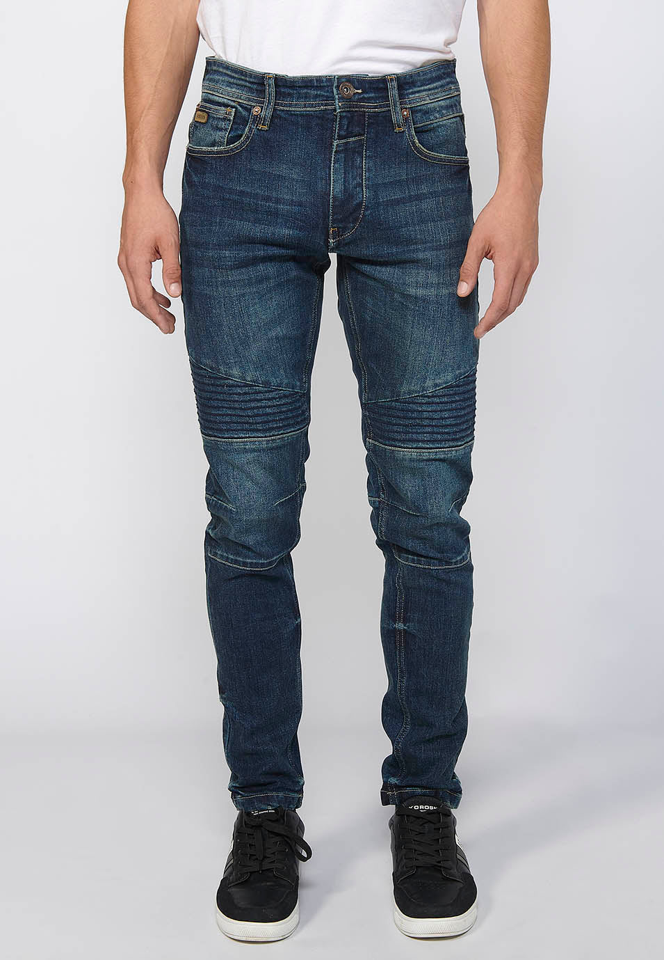 Pantalón Hombre Vaquero Biker Skinny Fit Detalles Rodillas – Koroshi Azul Medio
