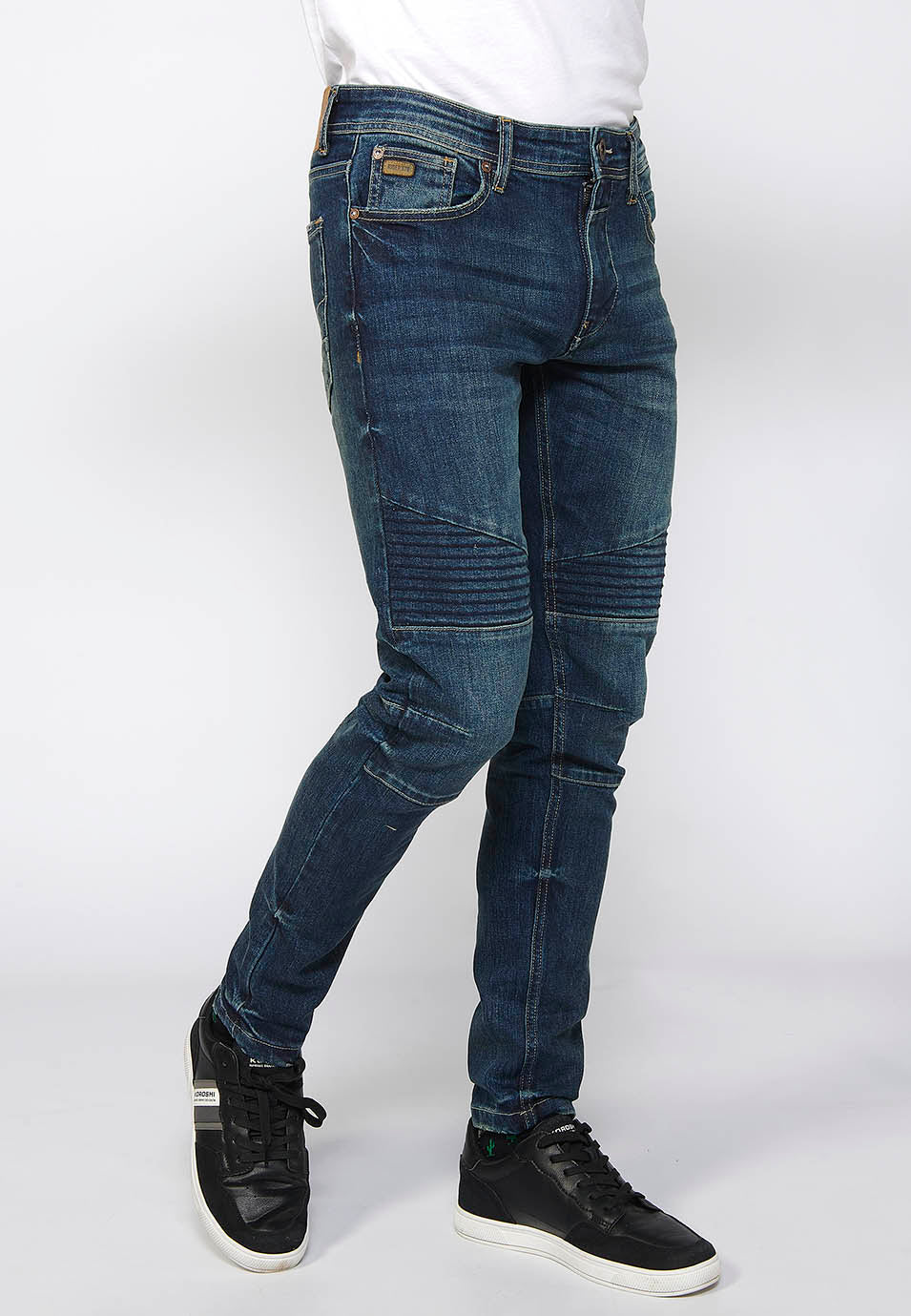 Pantalón Hombre Vaquero Biker Skinny Fit Detalles Rodillas – Koroshi Azul Medio