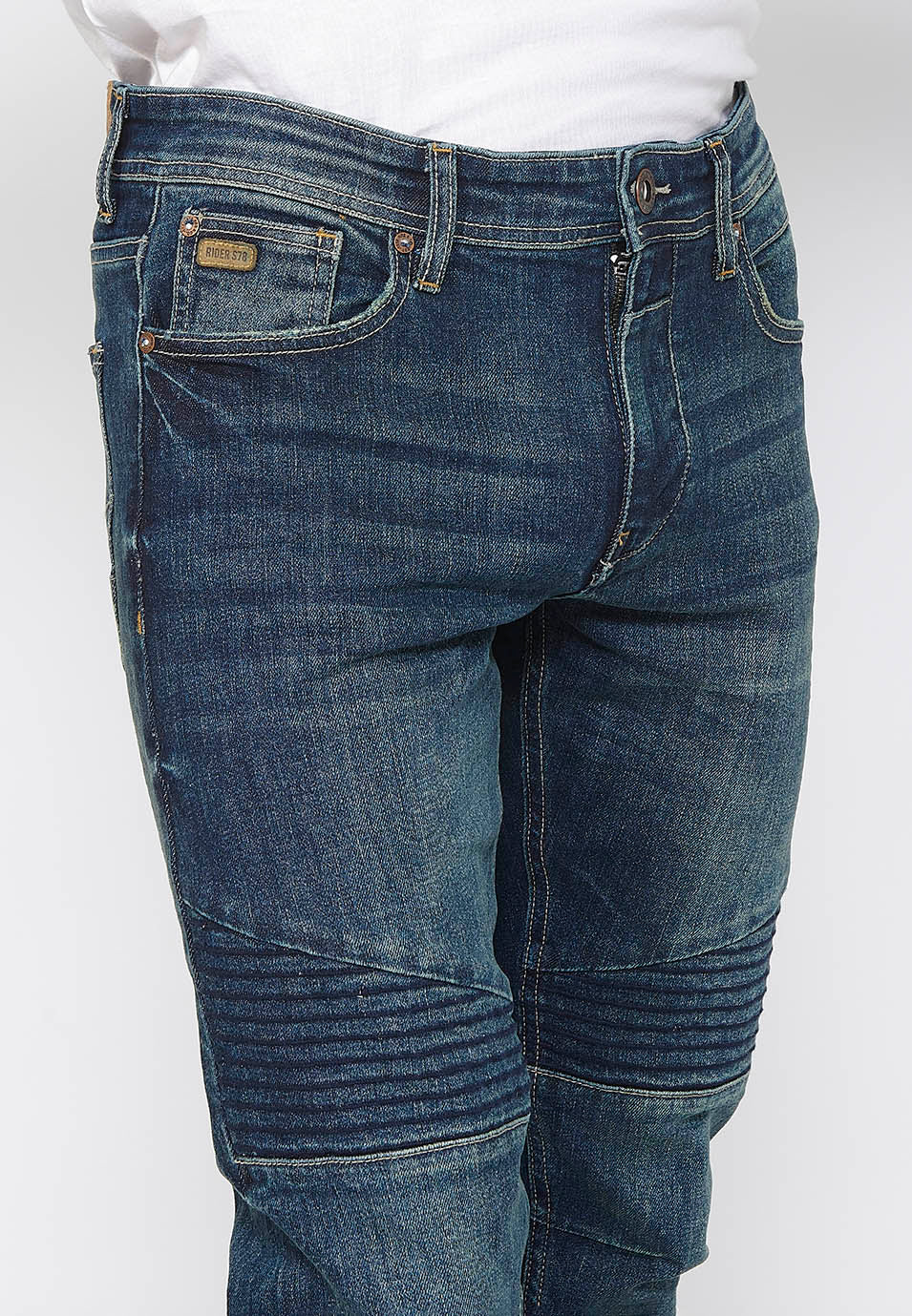 Pantalón Hombre Vaquero Biker Skinny Fit Detalles Rodillas – Koroshi Azul Medio