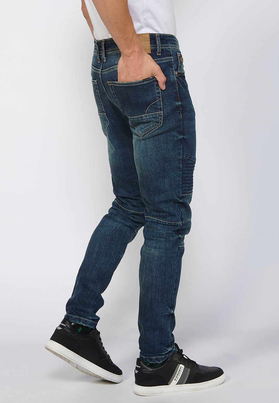 Pantalón Hombre Vaquero Biker Skinny Fit Detalles Rodillas – Koroshi Azul Medio