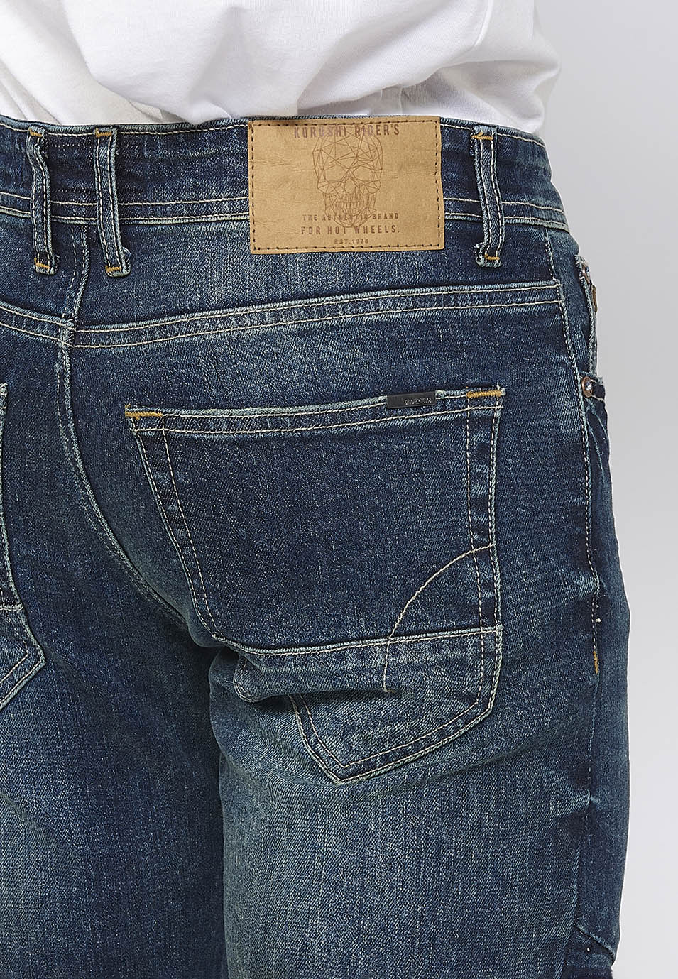 Pantalón Hombre Vaquero Biker Skinny Fit Detalles Rodillas – Koroshi Azul Medio