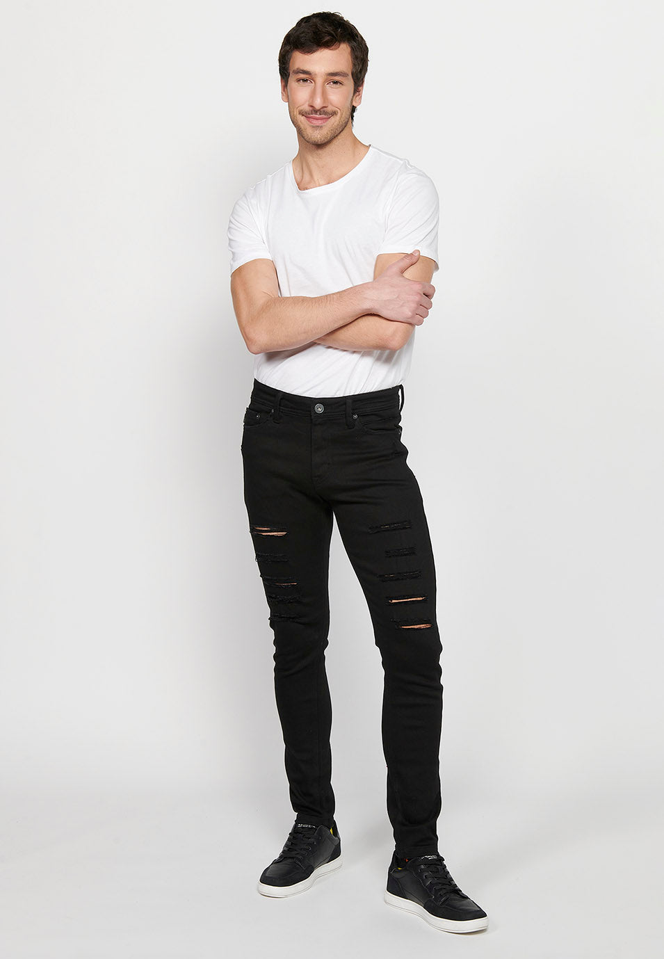Pantalón Hombre Vaquero Super Skinny Fit con Rotos – Koroshi Negro