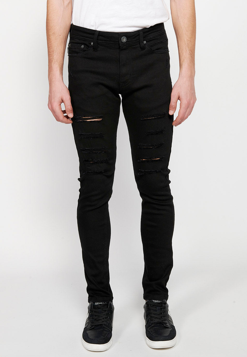 Pantalón Hombre Vaquero Super Skinny Fit con Rotos – Koroshi Negro