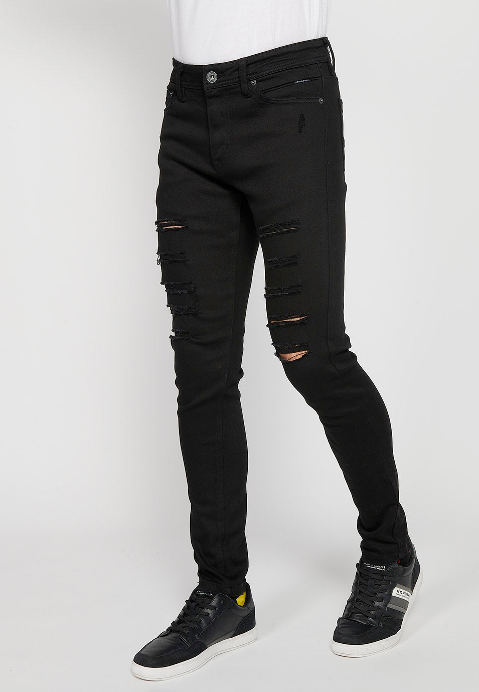 Pantalón Hombre Vaquero Super Skinny Fit con Rotos – Koroshi Negro