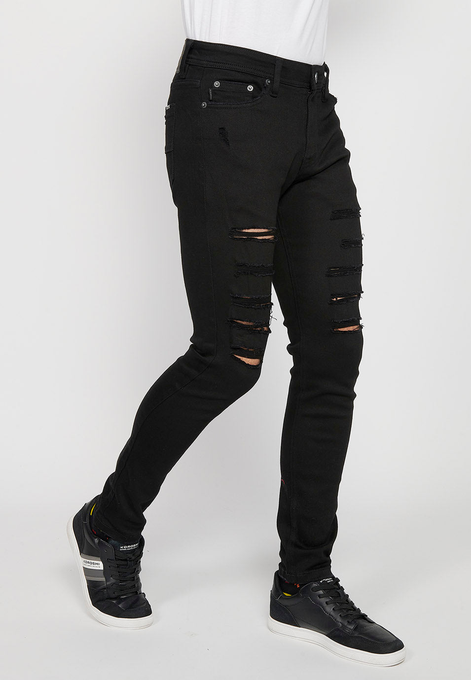 Pantalón Hombre Vaquero Super Skinny Fit con Rotos – Koroshi Negro