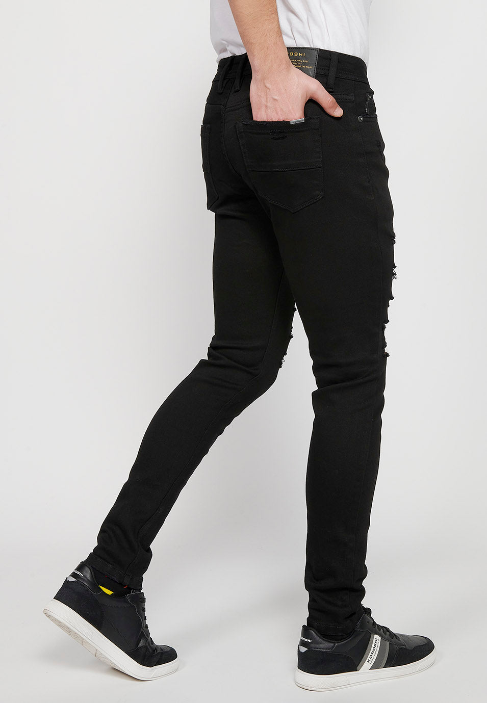 Pantalón Hombre Vaquero Super Skinny Fit con Rotos – Koroshi Negro