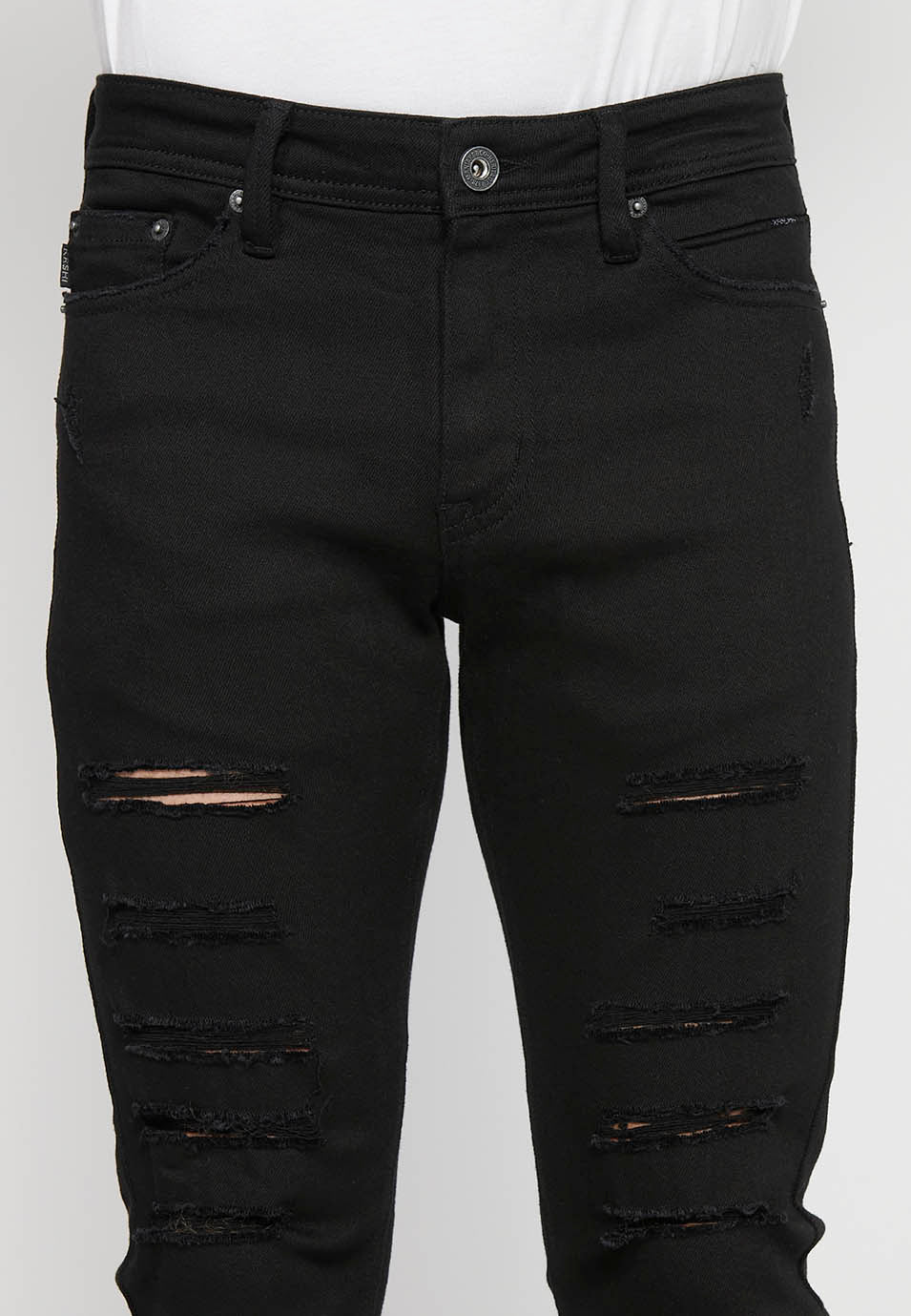 Pantalón Hombre Vaquero Super Skinny Fit con Rotos – Koroshi Negro